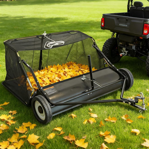 42-inch Tow-Behind Lawn Sweeper, 12 cu. in. Hopper Bag Capacity; Leaf & Grass Catcher with Adjustable Brush Height and Easy-to-Use Dumping Rope